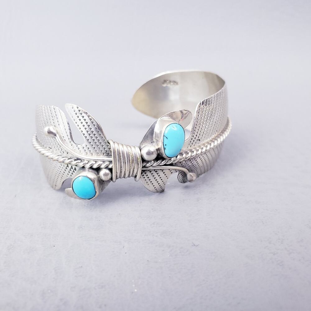 Navajo Vintage Sterling Silver Feather Cuff Turquoise